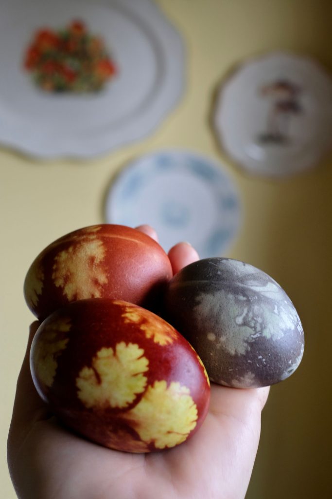 Hand holding Natural Dye Ukrainian Easter Eggs