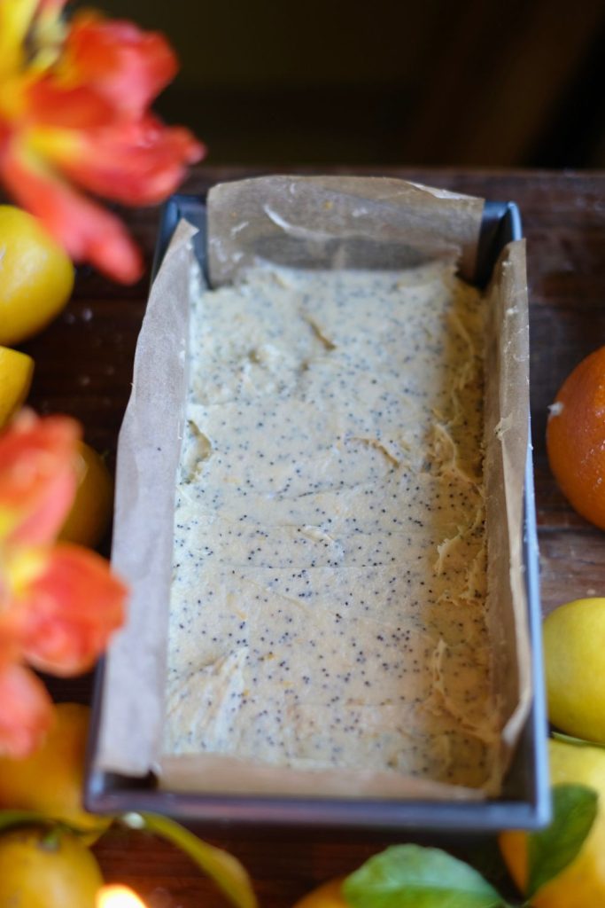 Almond citrus batter in loaf pan