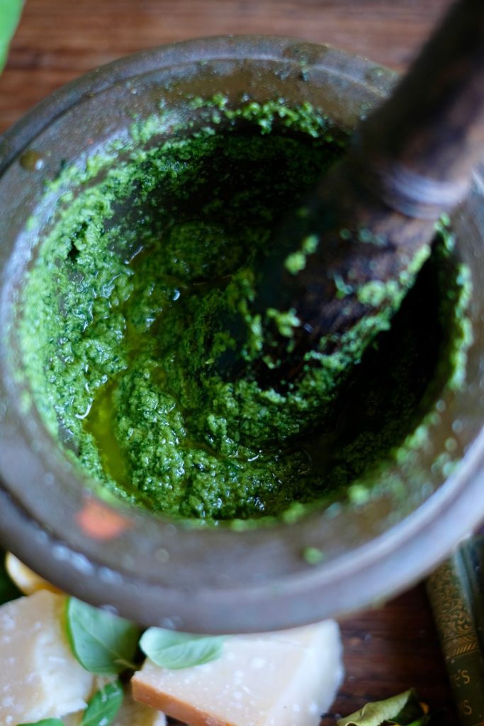 Genovese Basil Pesto in a pestle and mortar