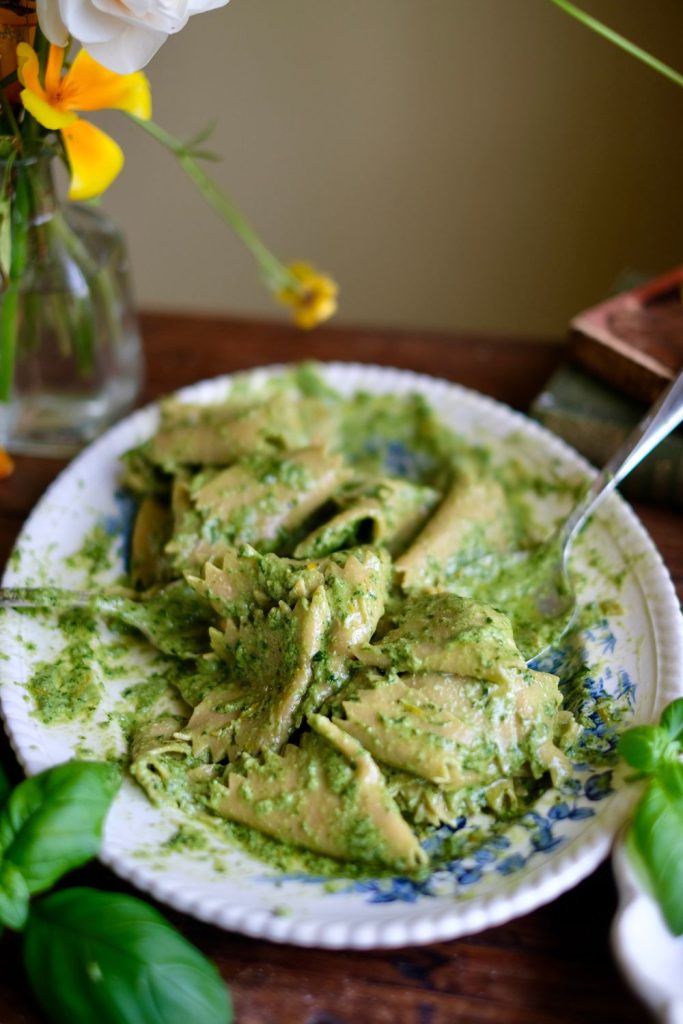 pesto fazzoletti pasta in a serving platter