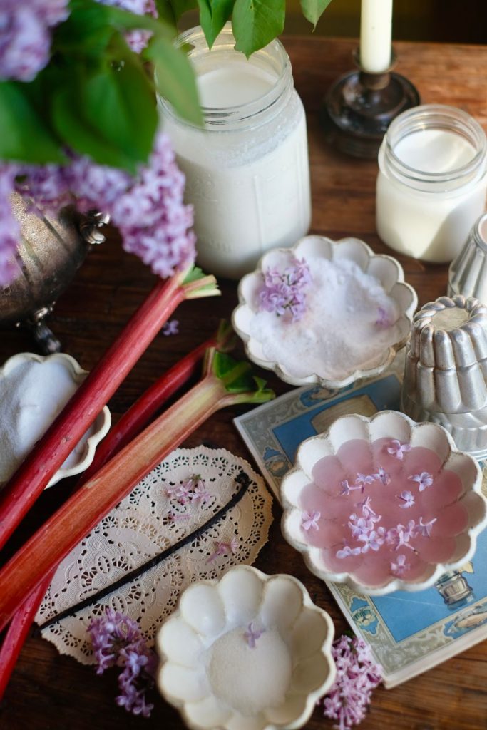 Ingredients for lilac rhubarb panna cotta