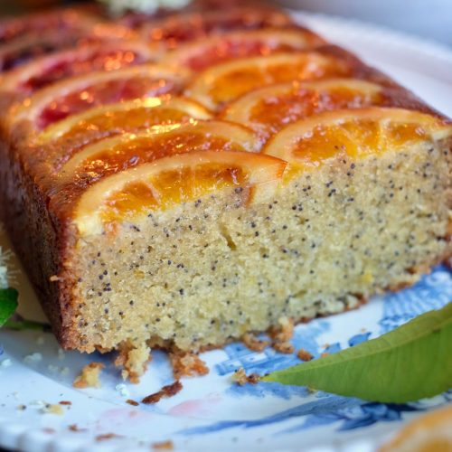 Moist almond lemon upside cake loaf cake with ombre citrus slices