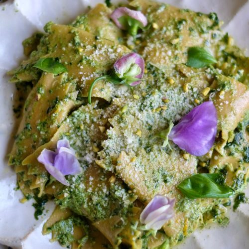 Pesto Fazzoletti Pasta topped with parmesan and edible flowers