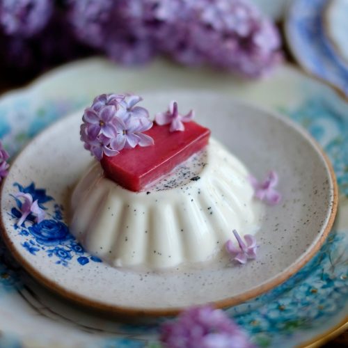 Lilac rhubarb panna cotta on a plate