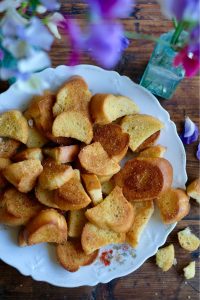 Homemade garlic croutons on a plate